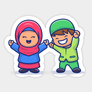 Girl And Boy Moslem Celebrating Eid Mubarak Cartoon Illustration Sticker